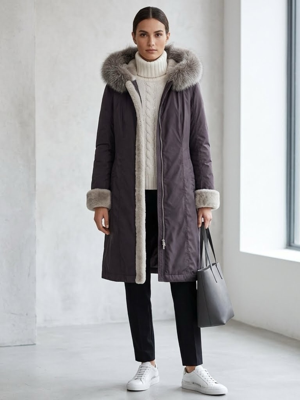 Elegant Custom Reversible  Black nylon and Genuine Sheared Beaver Coat Fox Trim